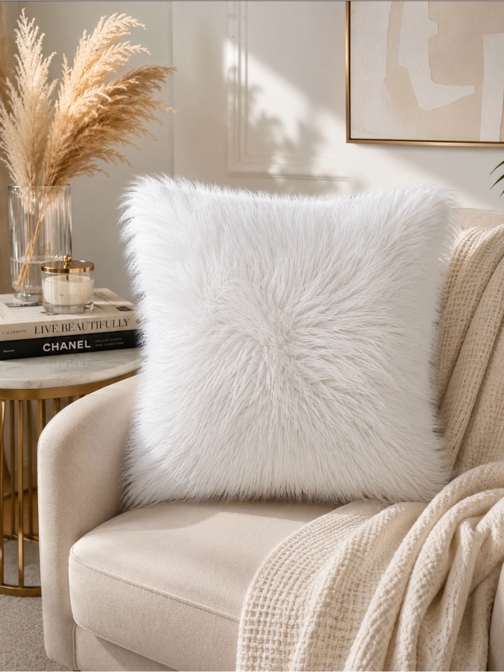 Plush Faux Fur Throw Pillow - White